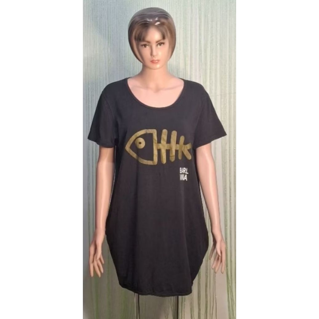 dress kaos hitam jumbo gambar ikan lengan pendek