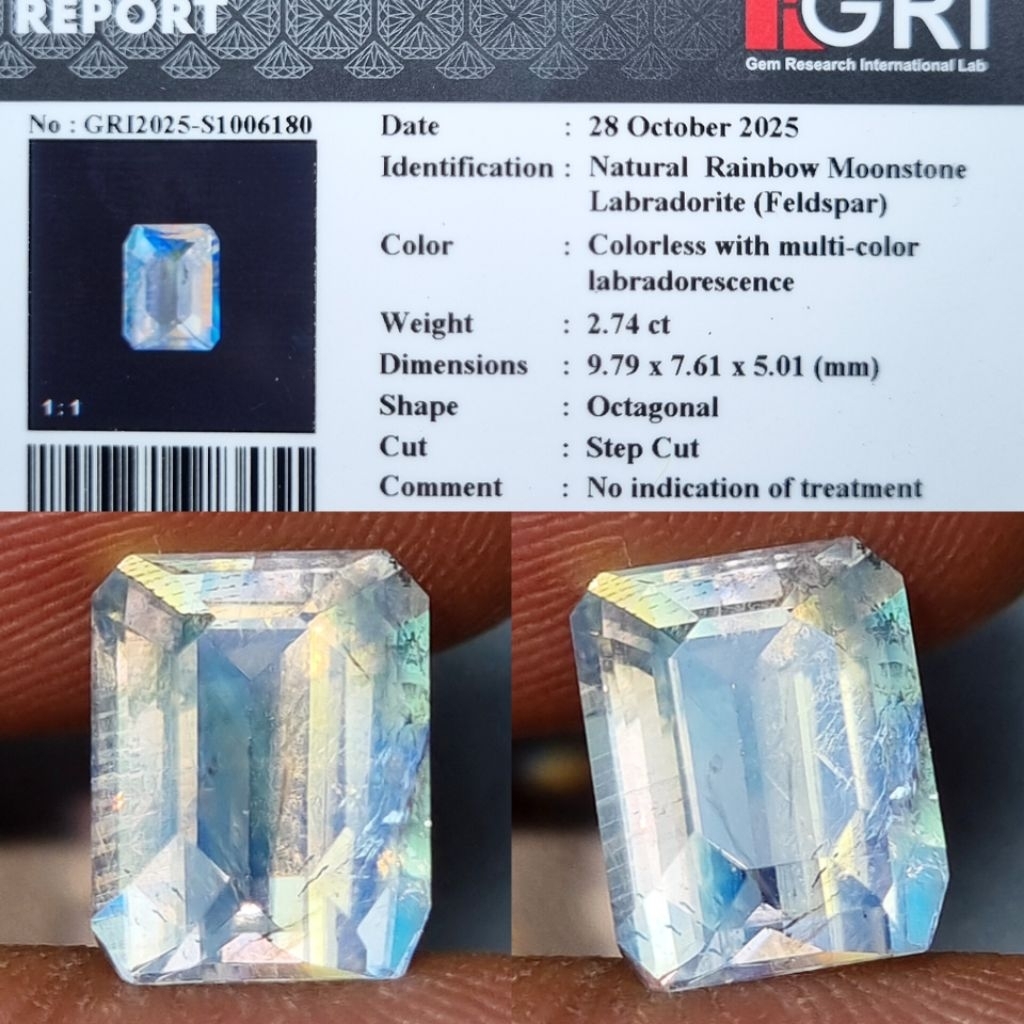 Natural Rainbow Moonstone 2.74 Crt No Heated Id.Card GRI.lab