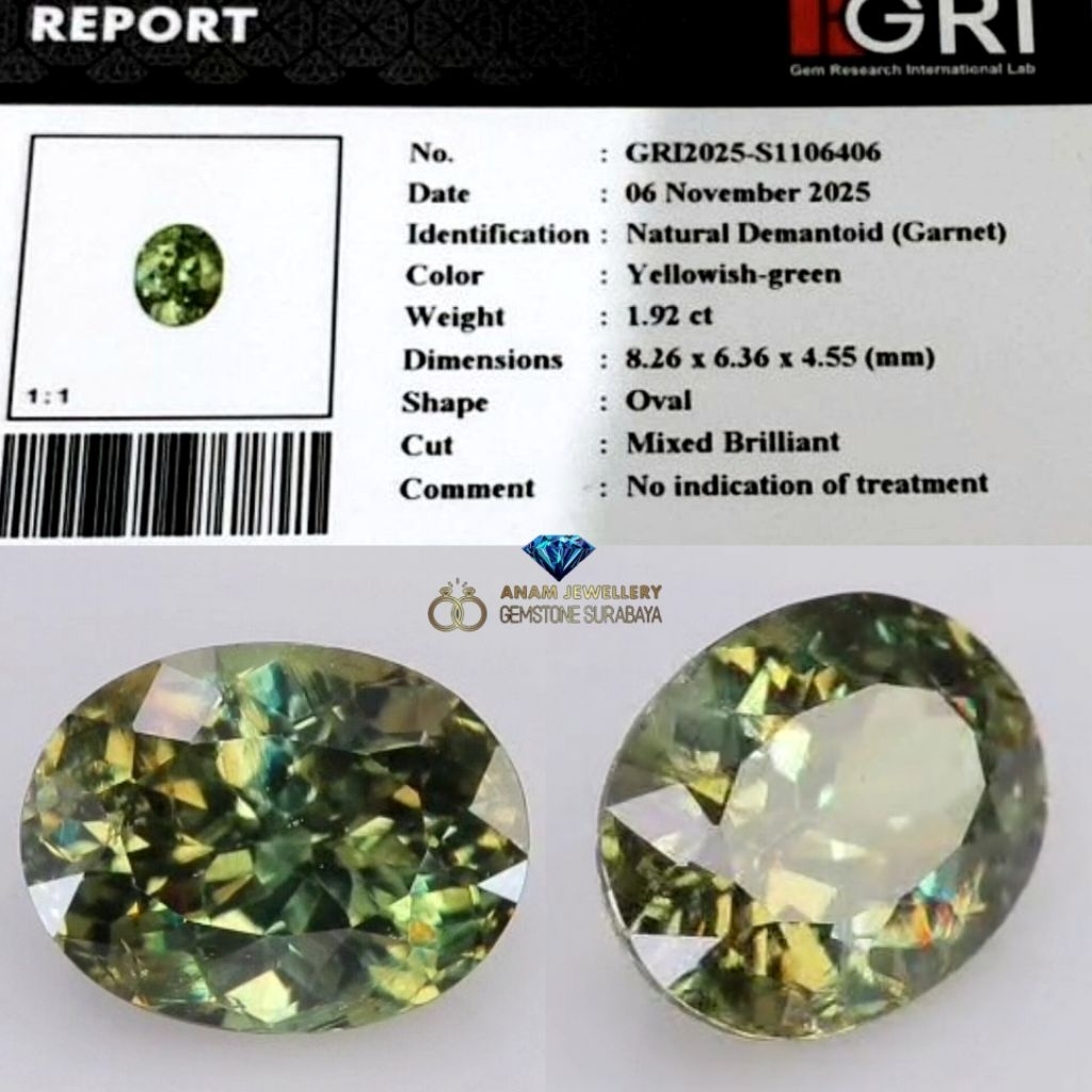 Super Rare Item Natural Demantoid 1.92 Crt No Heated id.card GRI.lab