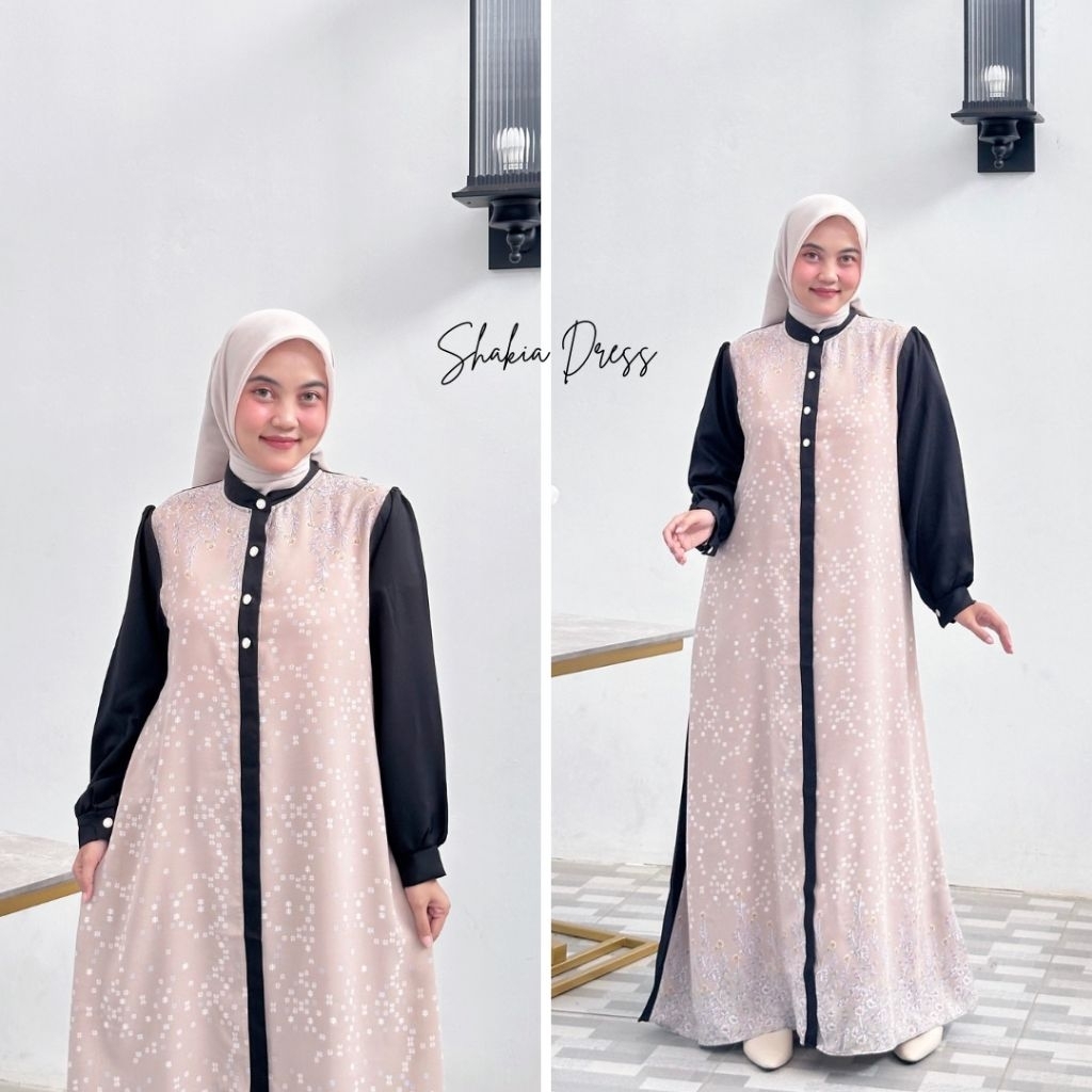immazma460 - Shakia Dress Gamis Kombinasi Motif dan Polos
