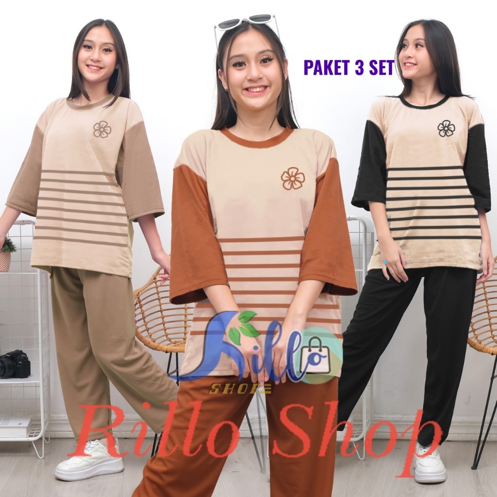 RILLO - PAKET HEMAT 3 SET  Setelan Ld 120 Wanita Salur Bunga