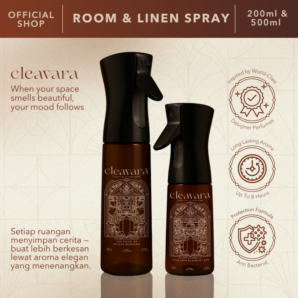 CLEAVARA ROOM & LINEN SPRAY 250ML 500ML | Parfum Sprei Bed Cover Sofa Gorden Bantal Antibakteri Anti Tungau, Pewangi Ruangan Kamar Aroma Hotel Tahan Lama, Cepat Kering Tanpa Noda, 10 Pilihan Wangi, Pengharum Kamar Tidur