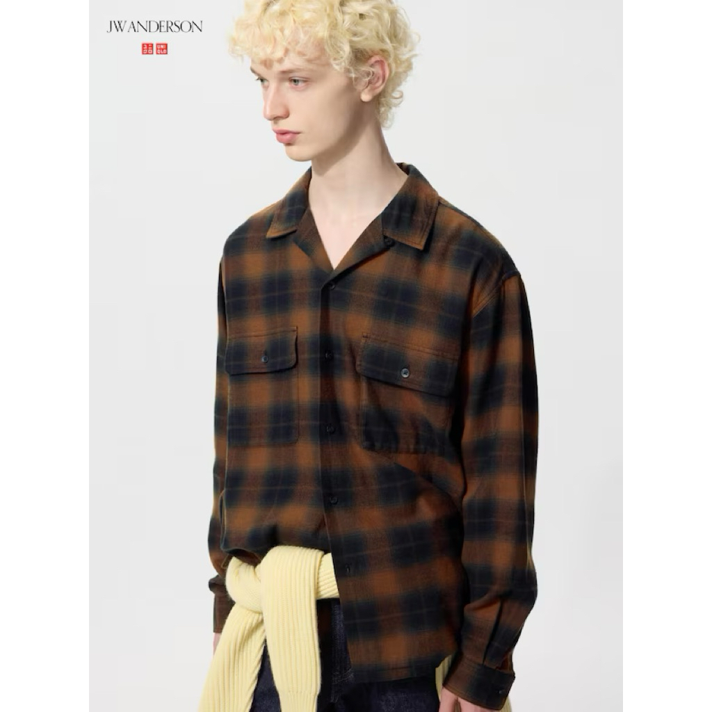 UNIQLO n JW Anderson Kemeja Flannel Katun Brushed Oversize Kerah Terbuka Kotak Lengan Panjang Origin