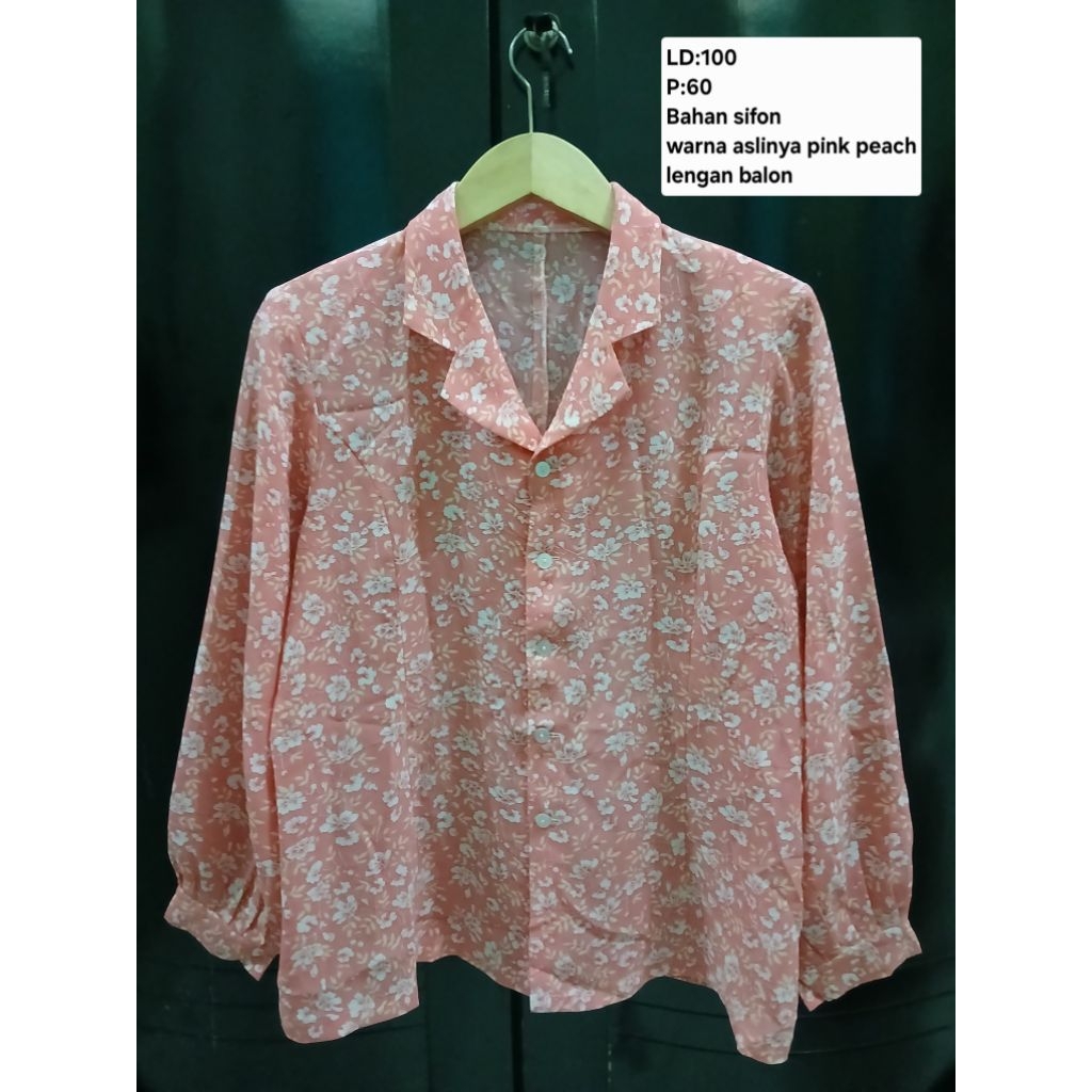 (COD)Atasan kemeja lengan balon wanita warna pink peach motif bunga