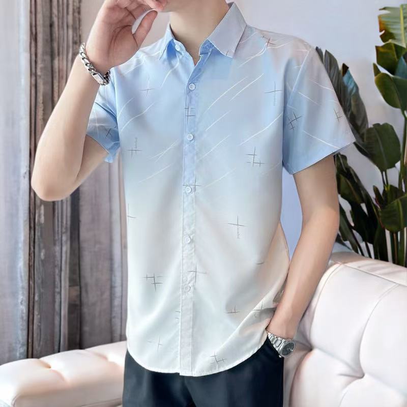 Kemeja lengan pendek pria, kemeja batik lengan pendek sutra es.