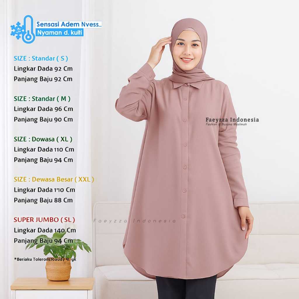 atasan baju super jumbo ld 140 -tunik jumbo lengan panjang full kancing bahan rayon premium