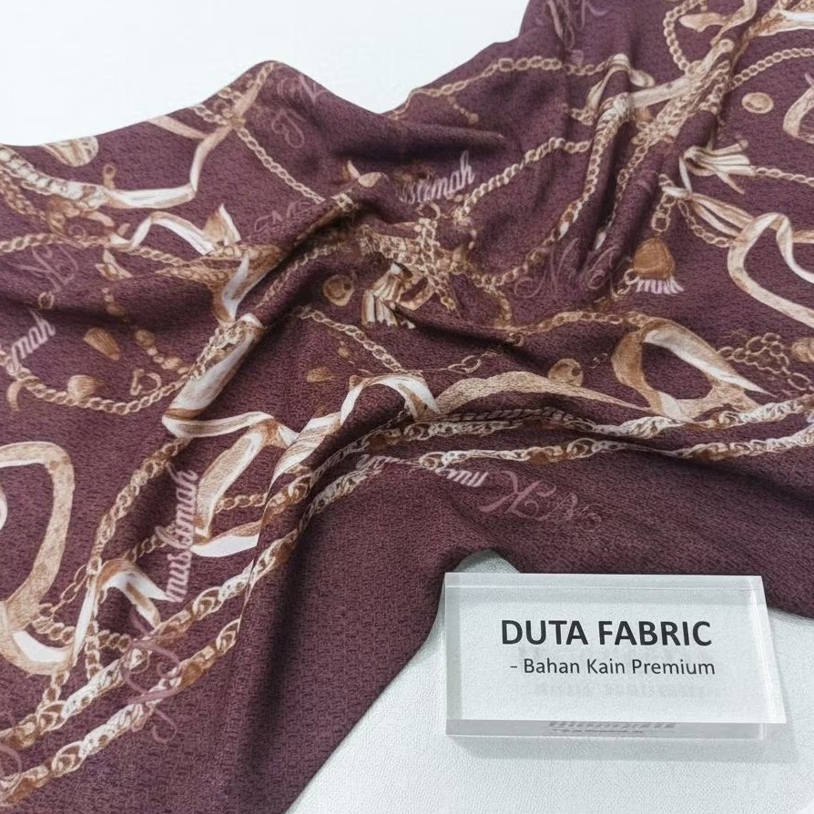Kain Zara Crepe Motif Rantai Emas Mewah | Bahan Gamis Syar'i Khimar Meteran Jatuh | Warna Coklat Ung