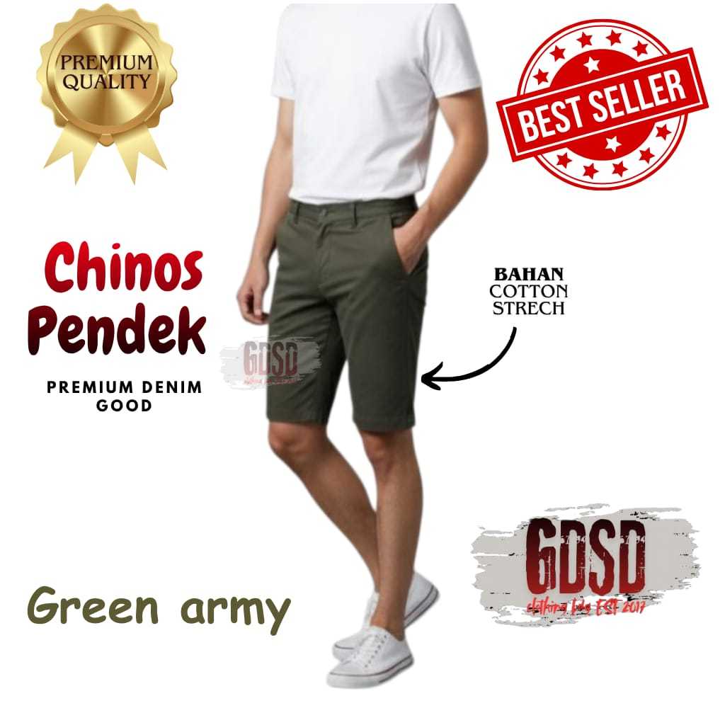GDSD Celana Chino Chinos Pendek Slim Fit Premium Bahan Cotton Stretch Green Army