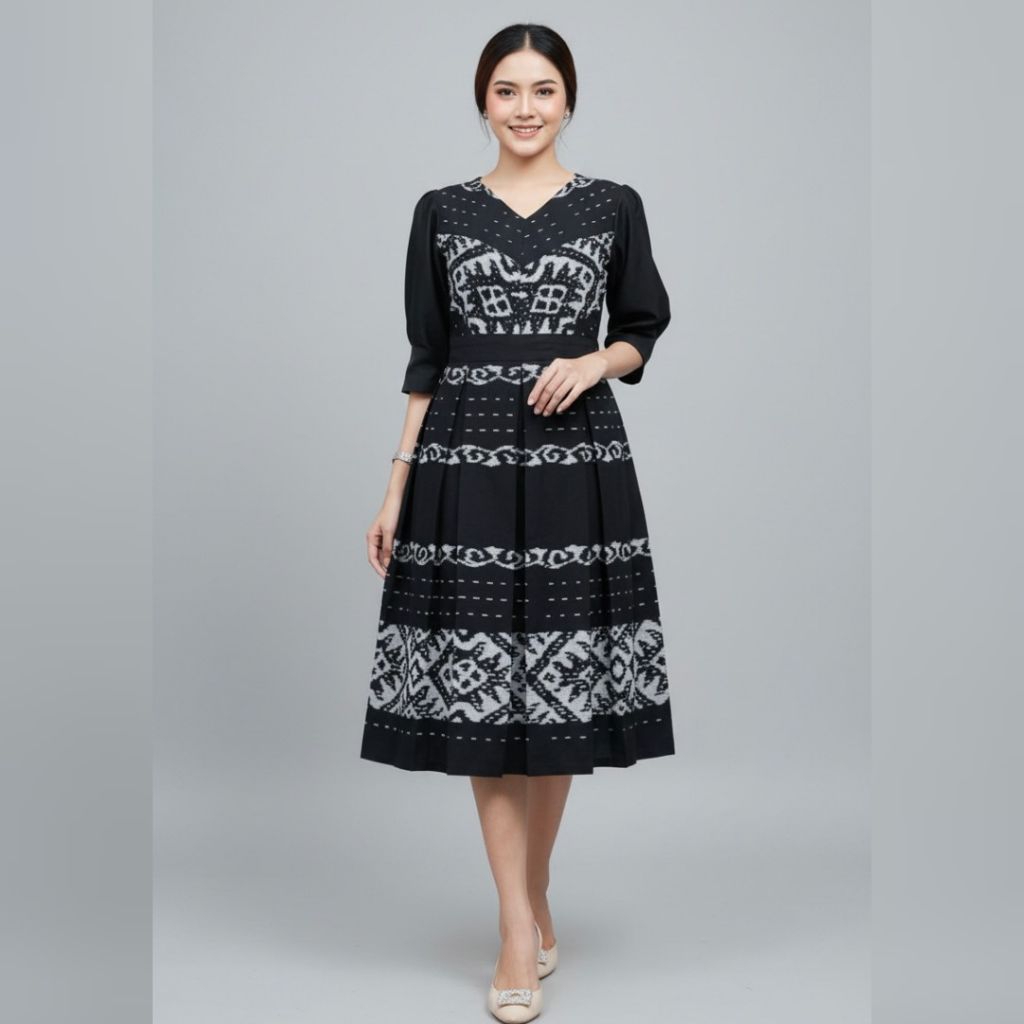 DRESS MIDI TENUN BLANGKET PREMIUM PADMA HITAM - STYLE BAJU NATAL ETNIK TERBARU