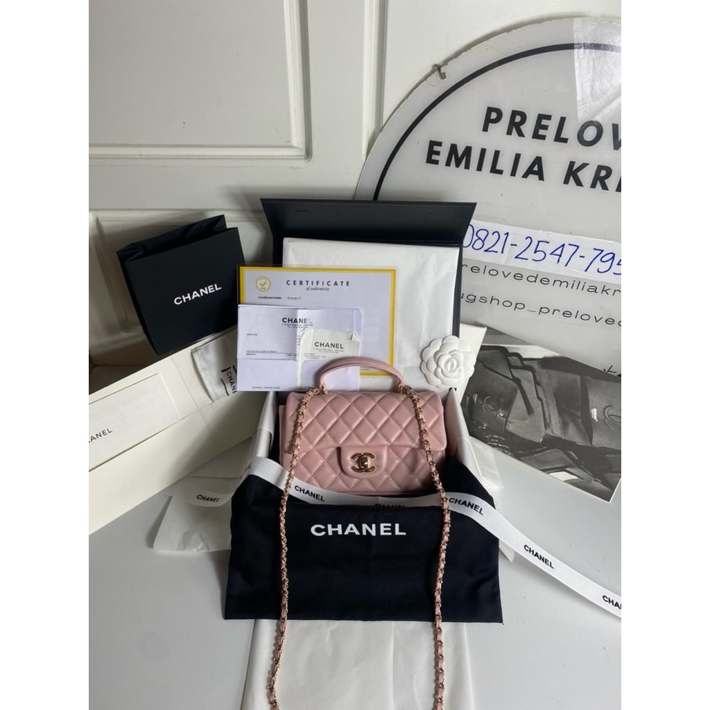 preloved 2023 Mini Rectangle top handle Flap Bag Lambskin light pink authentic