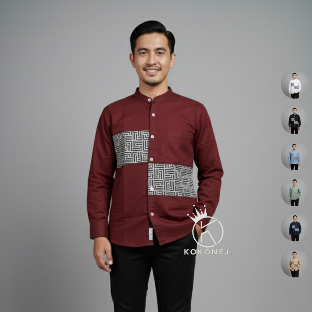 Kemeja Koko Dewasa Pria Lengan Panjang Biru Denim | Baju Muslim Pria M L XL XXL Kerah Shanghai Motif