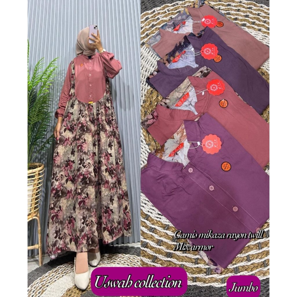 NEW Gamis Mikaza Rayon Twill Mix Armor By Uswah Collection Gamis Kombinasi Tercantik LD JUMBO
