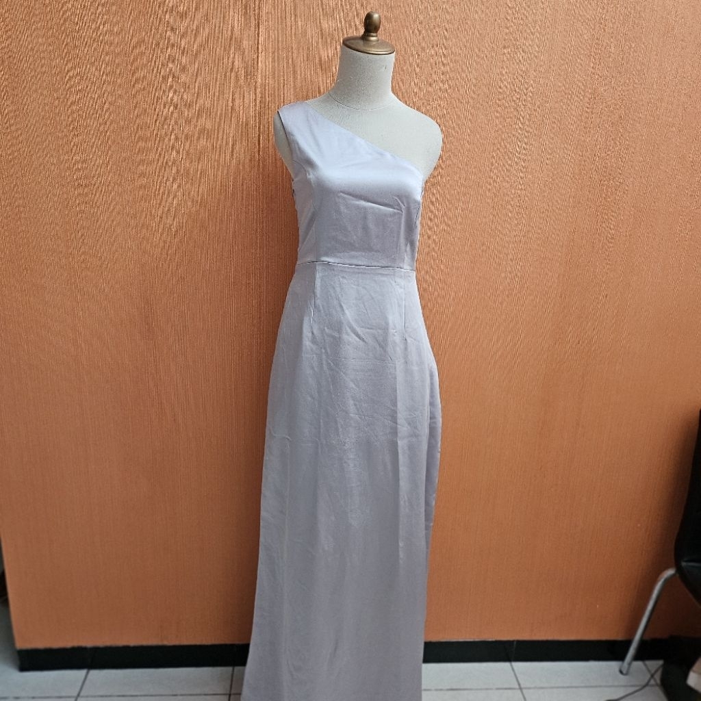 GAUN maxi long dress wanita silver S one shoulder MEWAH cute PESTA party