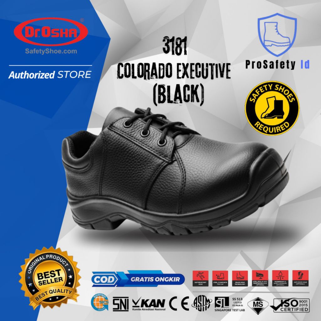 Sepatu Safety Dr OSHA Colorado Excutive 3181 Safety Shoes Anti Slip SNI CE Sepatu Kerja Pria - Black