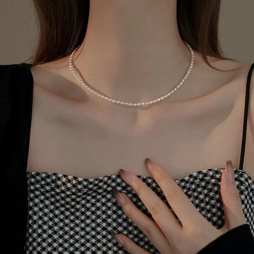 Kalung Mutiara Oval Baby Asli Full Mutiara Size 4mm Pearl Jewelry Elegant Cantik Choker Perhiasan