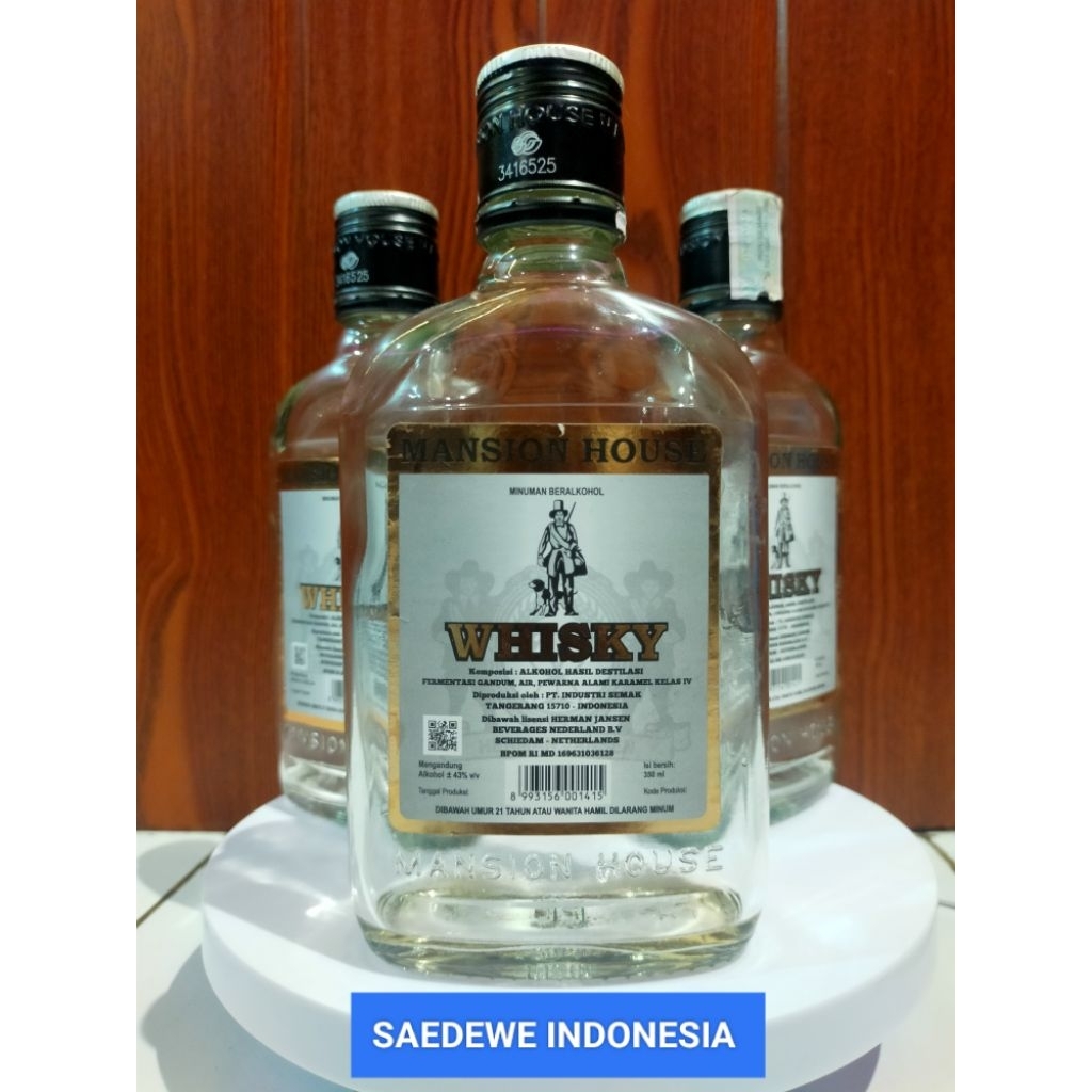 BOTOL KOSONG MANSION HOUSE BEKAS MINUMAN BENTUK GEPENG / FLAT KAPASITAS 350ML BAHAN KACA TEBAL ANTIK