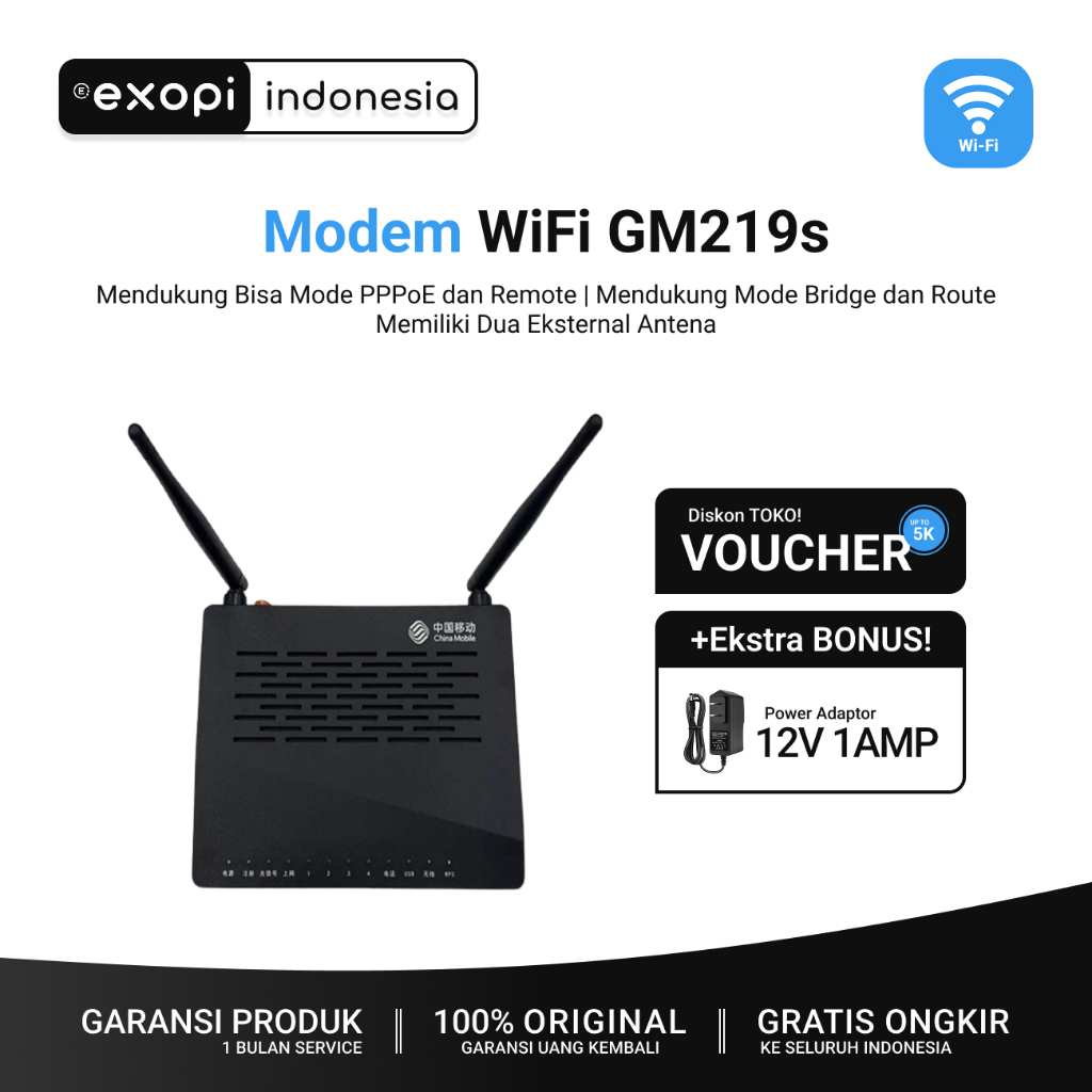 Modem XPON GM219-S Gpon Epon Onu | Modem Router WiFi Dual Antena | Cocok Untuk RT RW Net Voucher