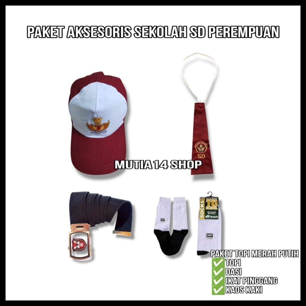 paket aksesoris sekolah sd anak perempuan topi dasi ikat pinggang dan kaos kaki