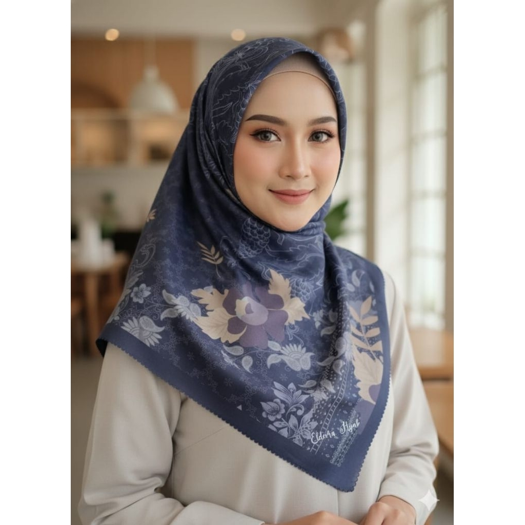 Eldevra Hijab Segiempat Motif Kinara Series Voal Premium 115x115cm Warna Biru Navy Jilbab  Printing 