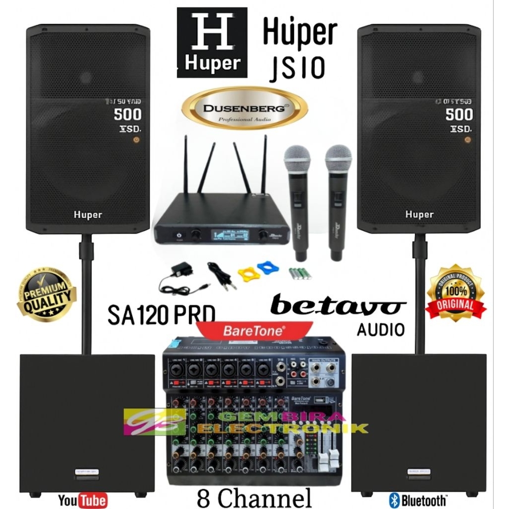 PAKET SPEAKER AKTIF HUPER JS10 FULL SET 15 INCH  ORIGINAL + SUBWOOFER AKTIF BETAVO 12" + MIXER BARET