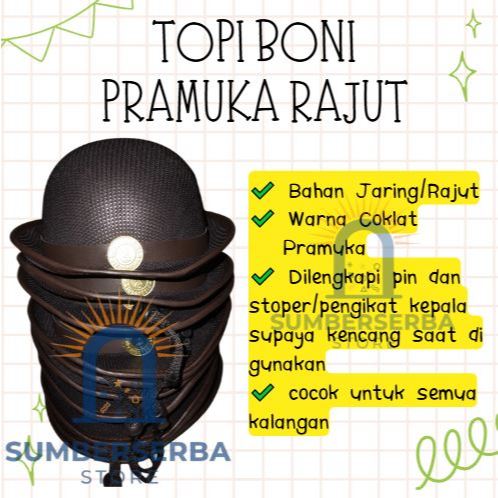 Topi Boni LAKEN/ JARING/ JERAMI, Topi Pramuka Beludru/Rajut/Bambu, Topi Pramuka Putri