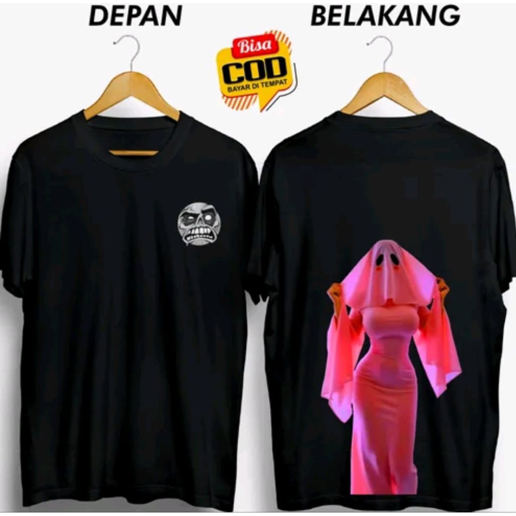 Kaos Hantu Kuntilanak Seran Muka Ditutup Baju Putih Corak Warna Merah Distro Unisex