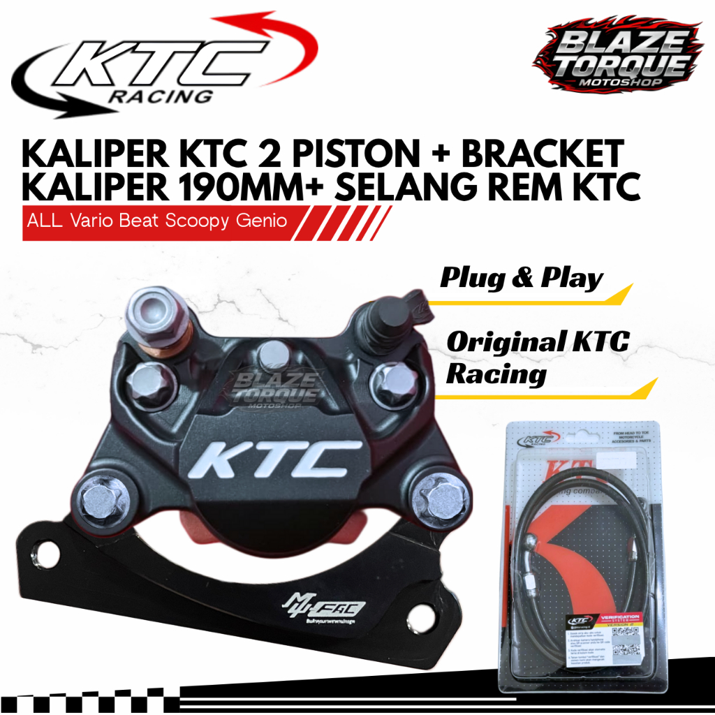 New Kaliper KTC 2 Piston 2P + Bracket Depan Disc Standard 190mm + Selang Rem 90cm KTC Racing Vario 1