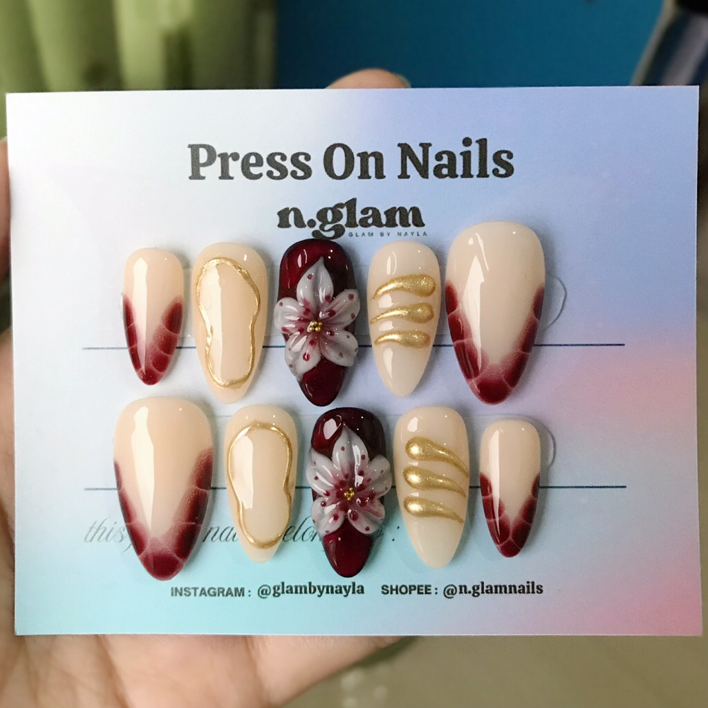 Press On Nails Maroon Gold Emboss Bunga 3D | Fake Nails untuk wisuda, pengantin