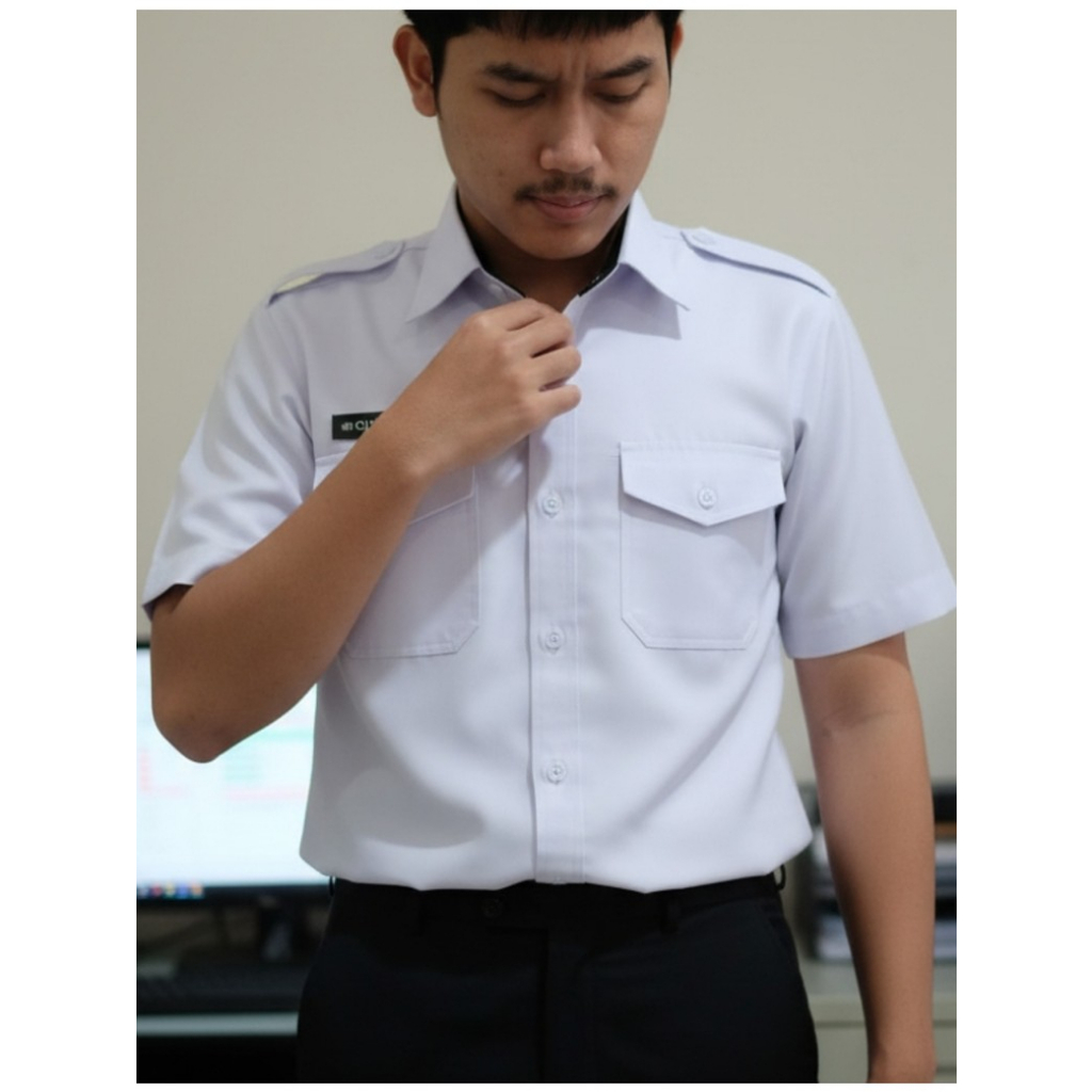 Baju PDH Putih Pria Lengan Pendek Bahan Katun Semi Wol Premium
