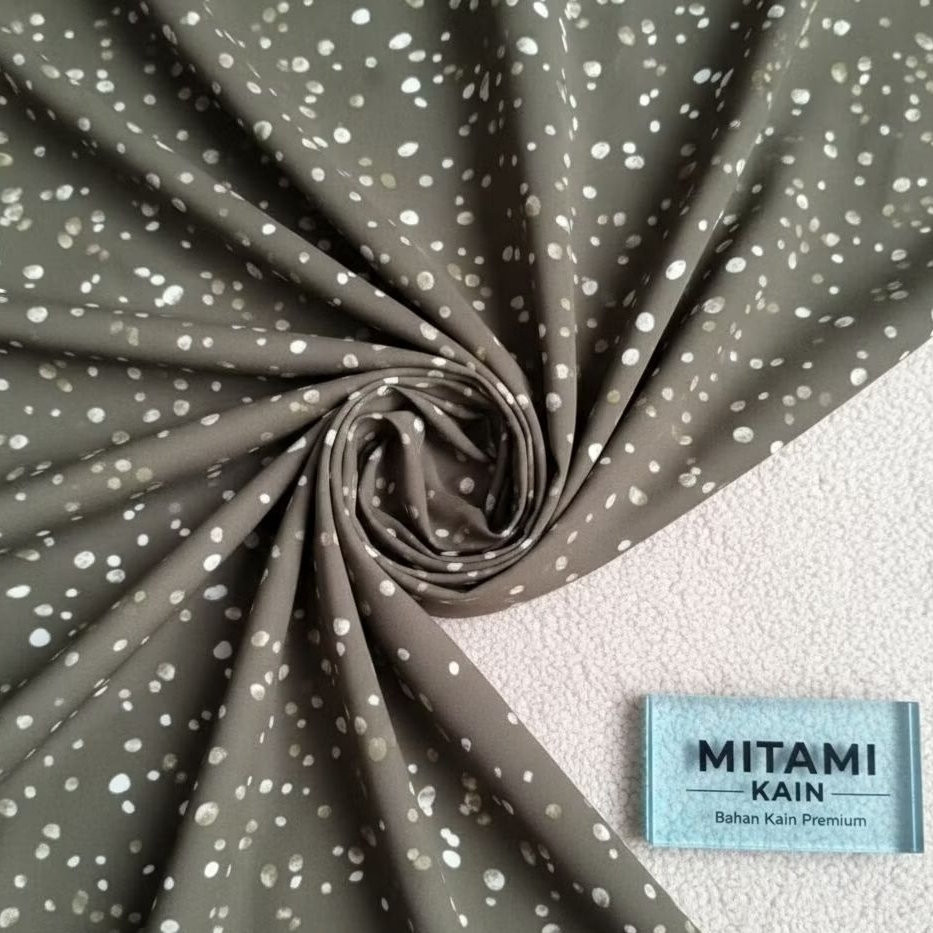 Kain Moscrepe Motif Polkadot Coklat Abu Putih – Bahan Jahit Dress, Gamis, Blouse, Hijab Premium (Har