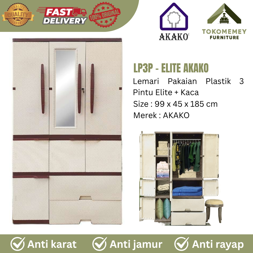 Akako Lemari Plastik 3 Pintu Kaca Kunci Elegant
