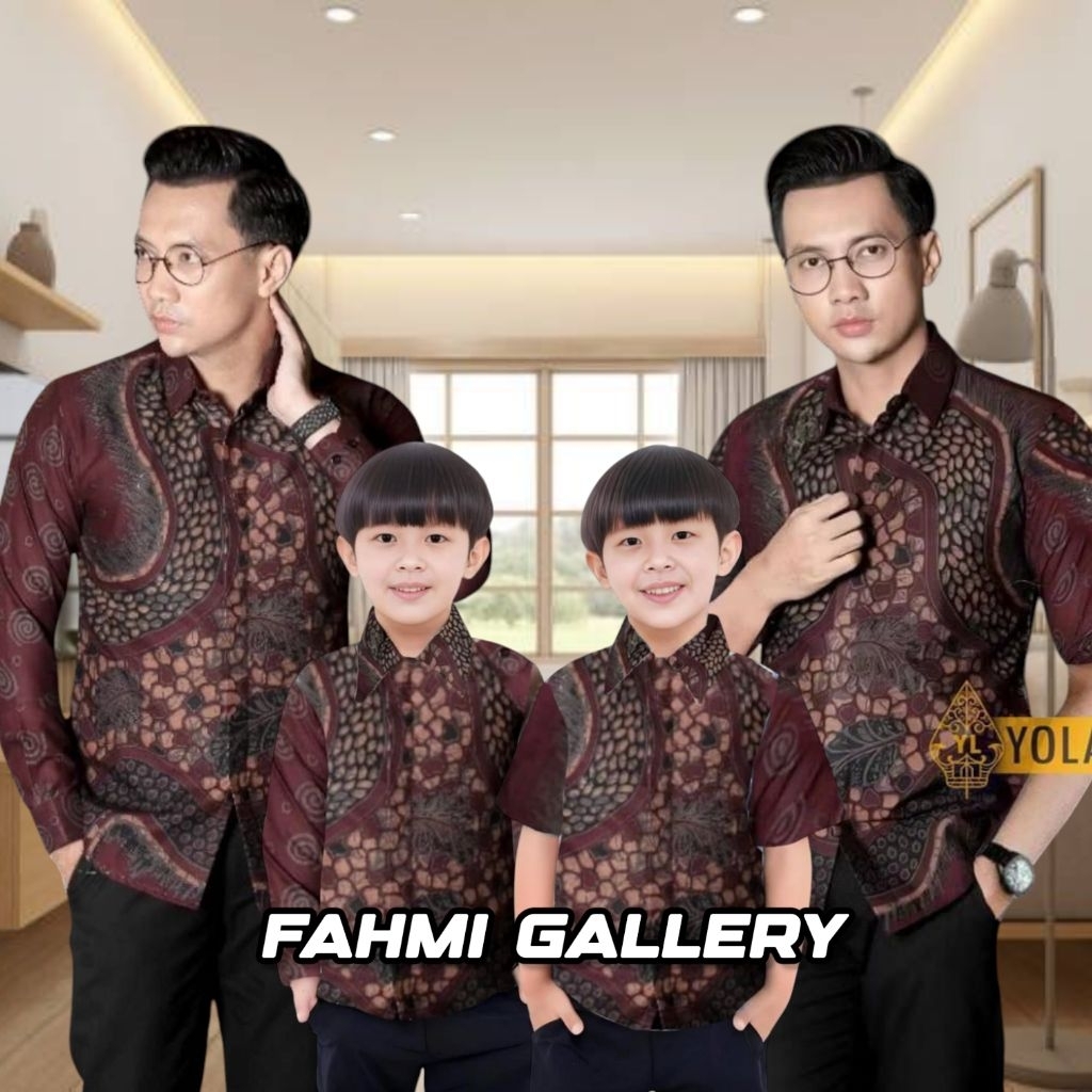 Baju Batik Couple Ayah dan Anak Laki-laki - Kemeja Batik Pria Lengan Panjang Warna Merah Maroon