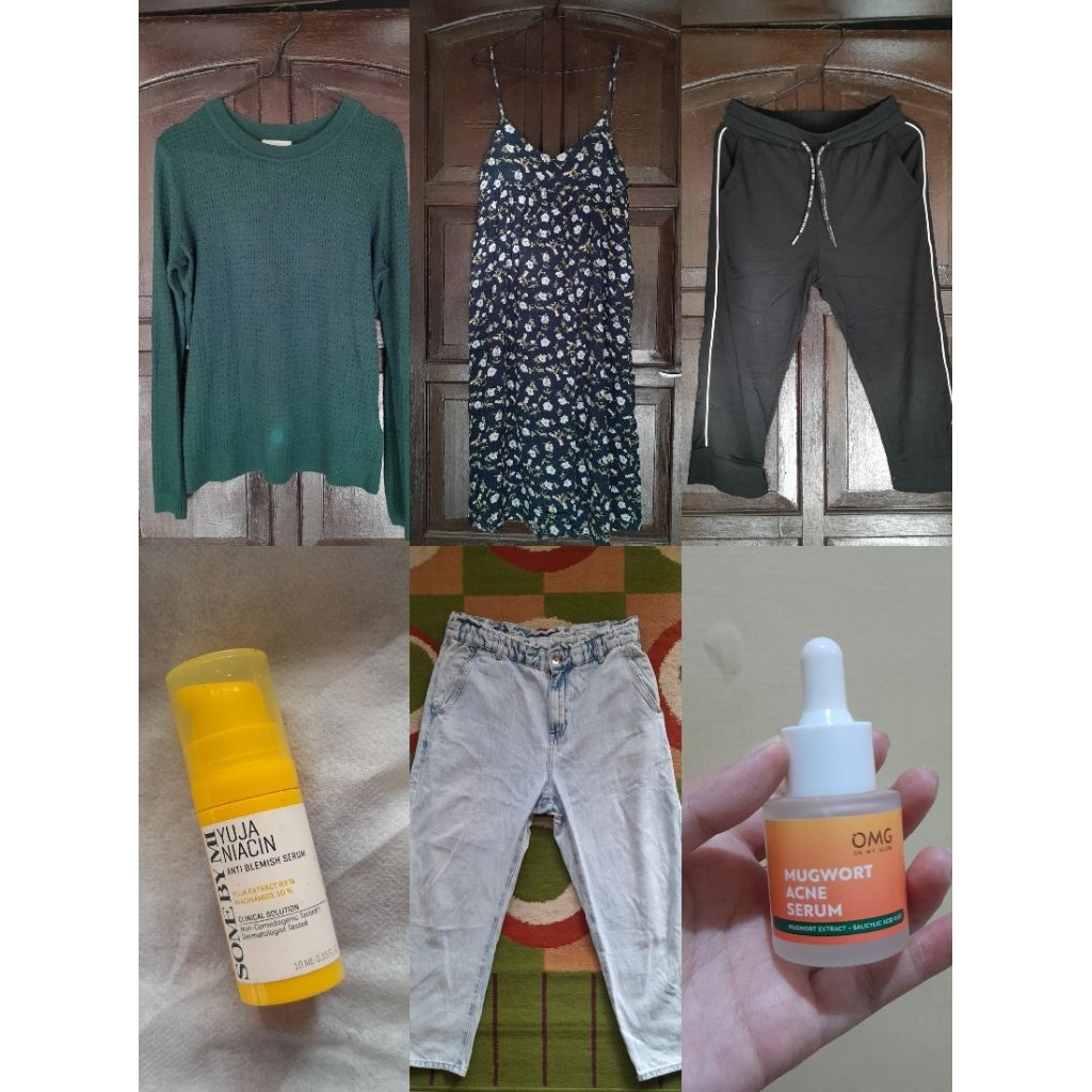 (Preloved) JEANS ZARA, MIDI DRESS MOTIF BUNGA, SERUM YUJA NIACIN, SERUM OMG, CELANA TRAINING JOGGING