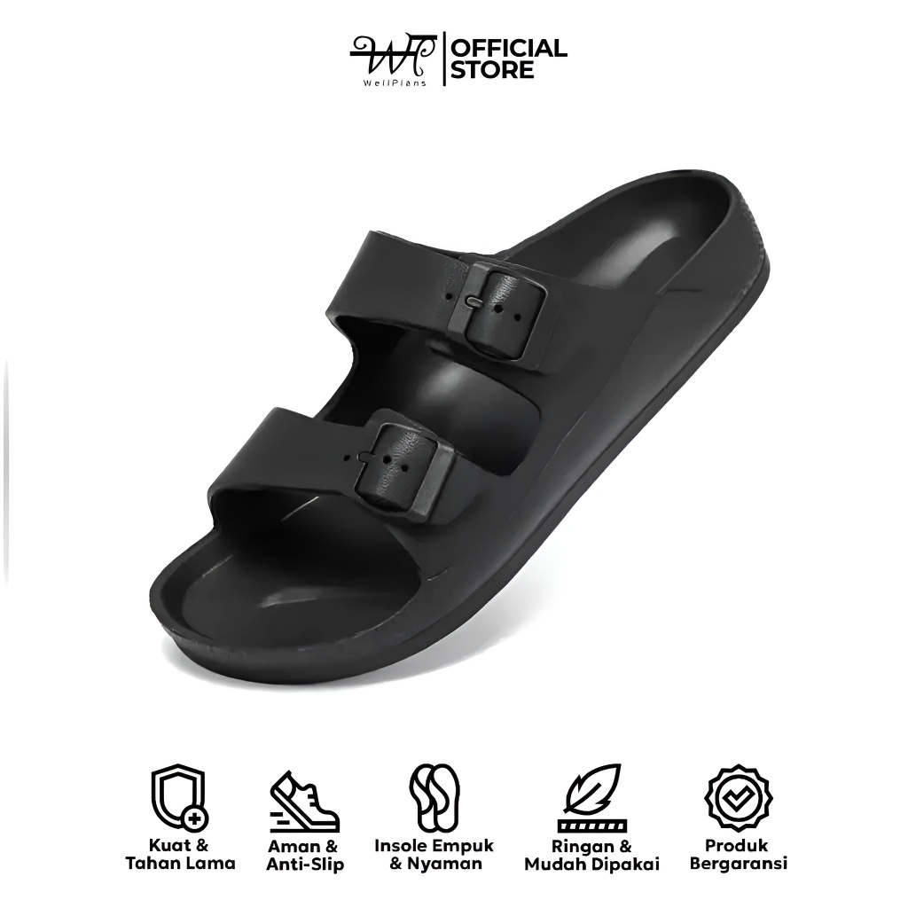 Wellplans - Sandal Slop Hitam Double Straps Ban 2 Kancing Gesper Unisex