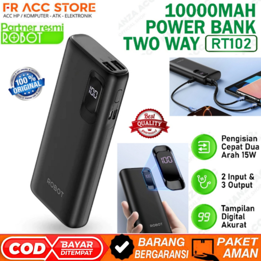 Powerbank ROBOT RT102 Power bank Fast Charging 10000mAh 15W LED Display 2 Input 3 Output Powerbank 1