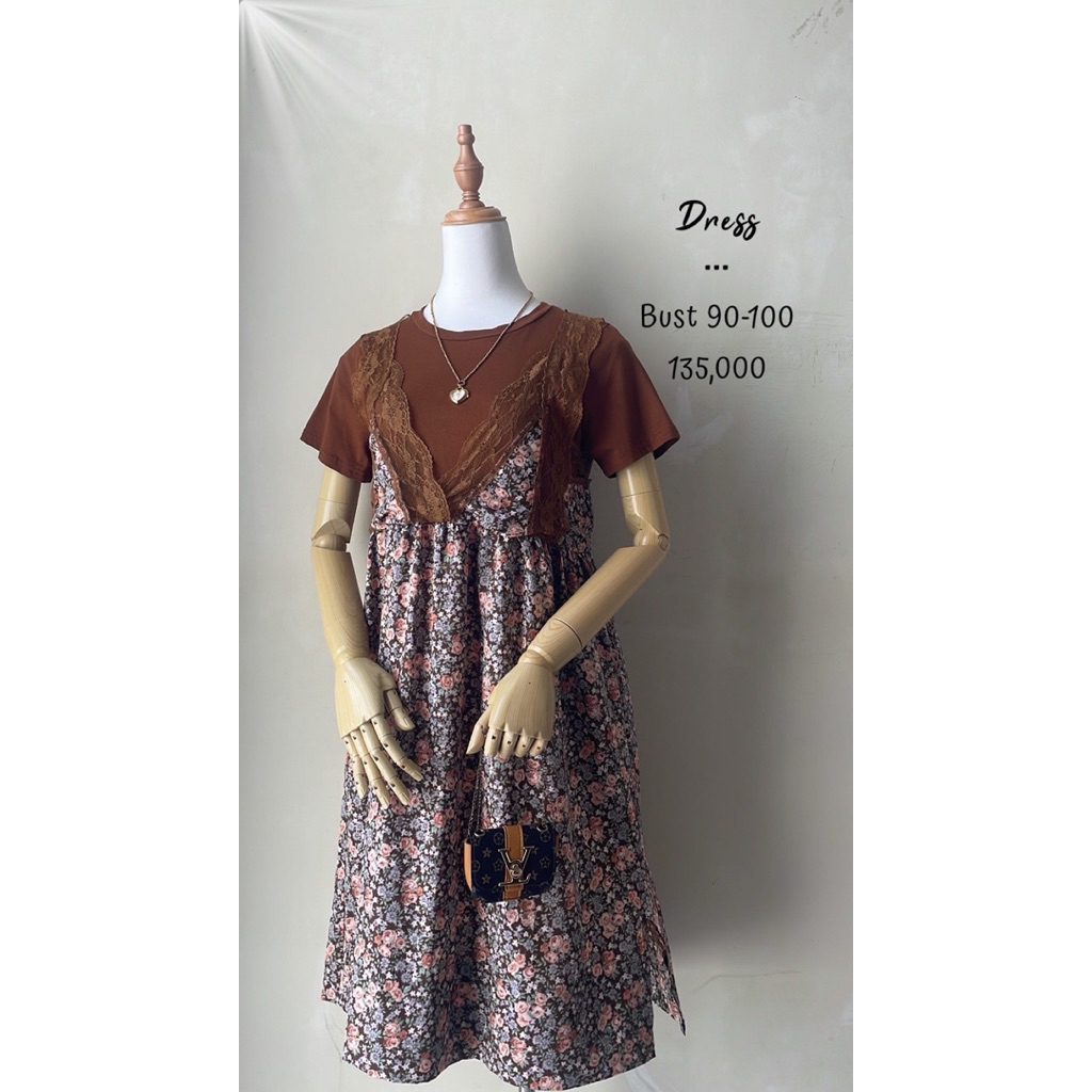 Midi dress kaos mix katun polyester overall brukat brokat renda lace cokelat coklat premium murah ca