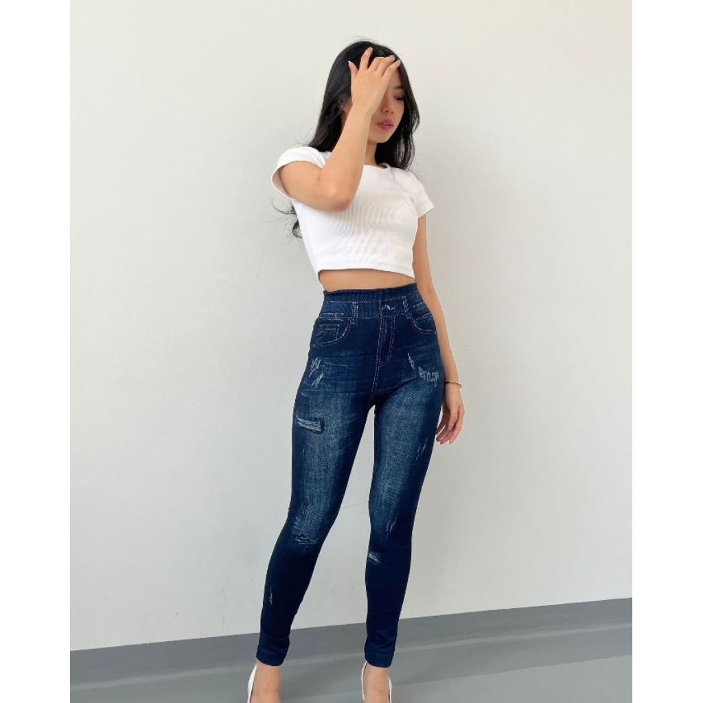 faiga bawahan legging wanita washed print denim Long legging  sexy