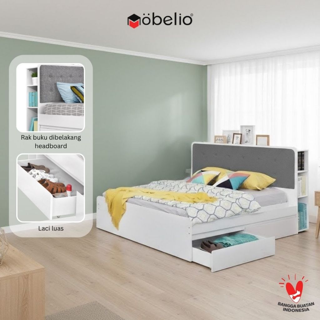 MOBELIO - Ranjang Dipan 180 x 200 dengan 2 Laci dan Rak Abu-abu Putih - Eclipse