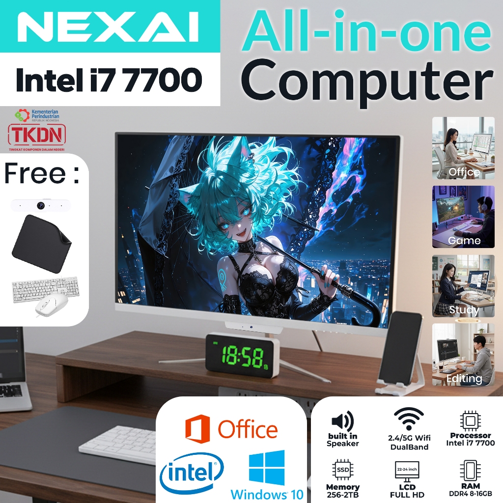 NEXAI PC All-in-One Intel Core i7-7700 – Super Tipis, Full HD 24 inch K5-V, 16GB RAM, 2TB SSD Cocok 