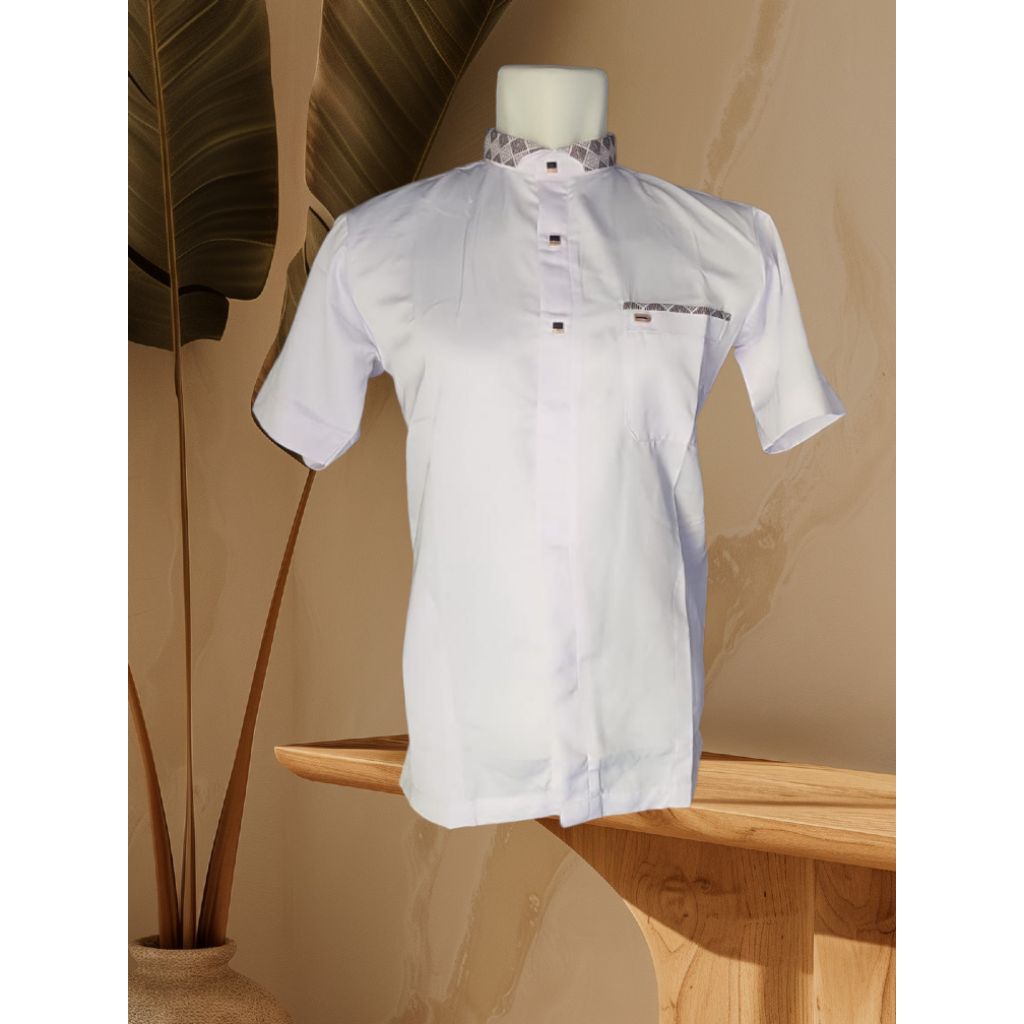 Koko Putih Lengan Pendek Satin Motif Kerah Al Raz Premium Baju Muslim Bahan Satin Baju Koko Sultan T