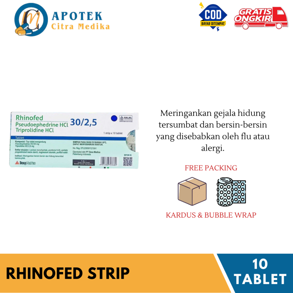 RHINOFED (1 STRIP ISI 10 TABLET) - MERINGANKAN GEJALA HIDUNG TERSUMBAT, BERSIN-BERSIN DAN ALERGI