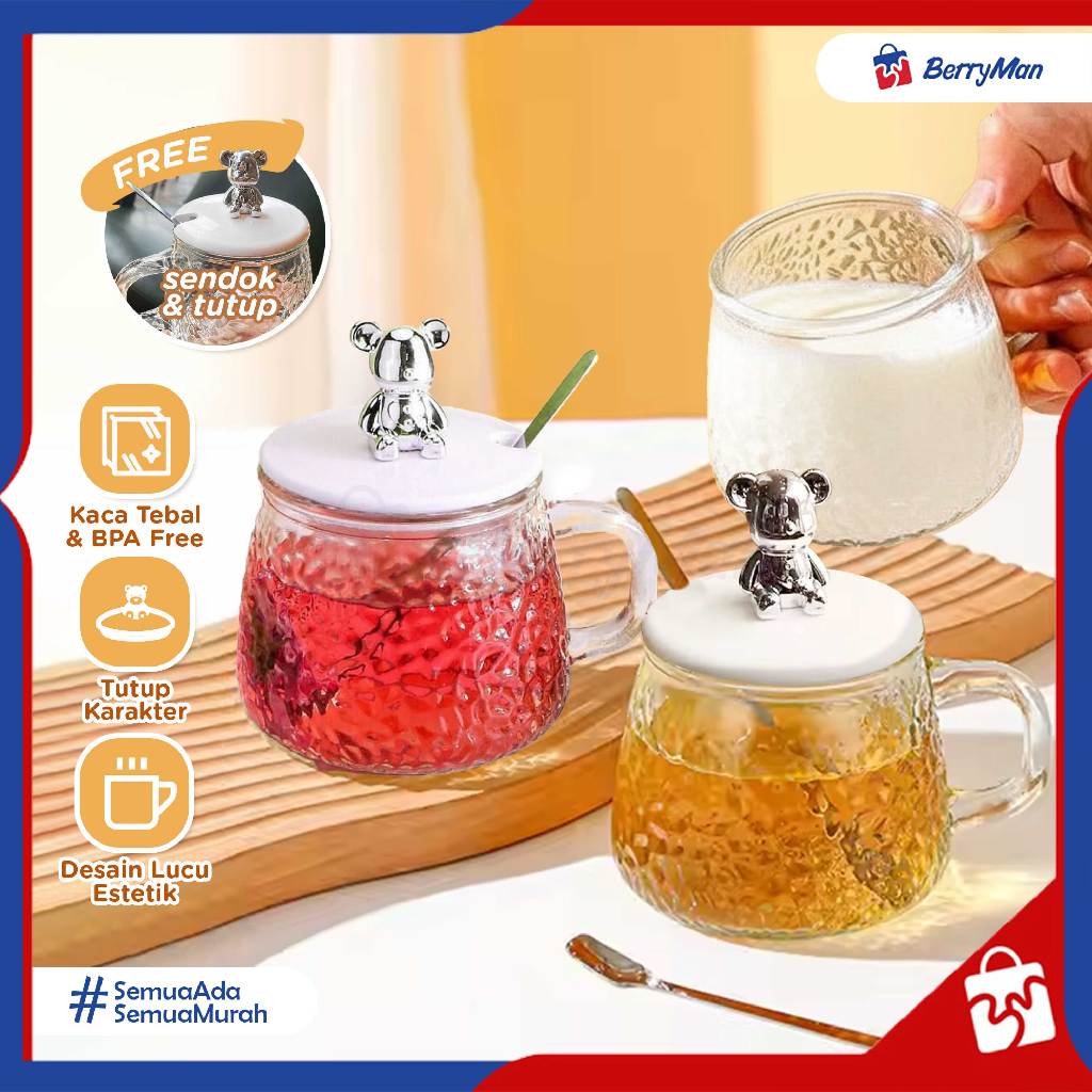 Gelas Kaca Tutup Bear Lucu Aesthetic Mug Minum dengan Sendok Souvenir Korea Style BPA Free