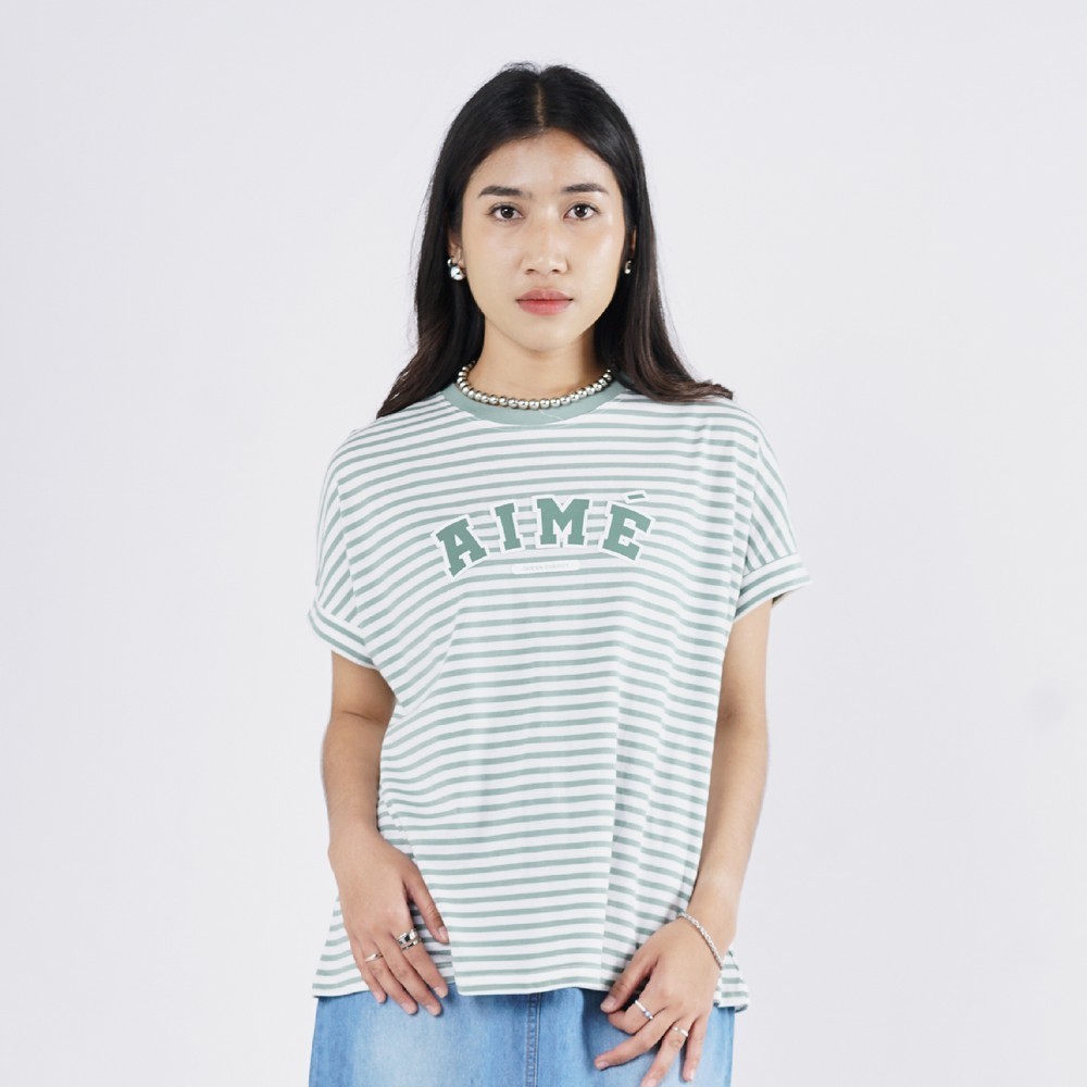 3Second Kaos Garis Wanita Lengan Pendek Oversized Fit Stripe Tee Anne CL180325