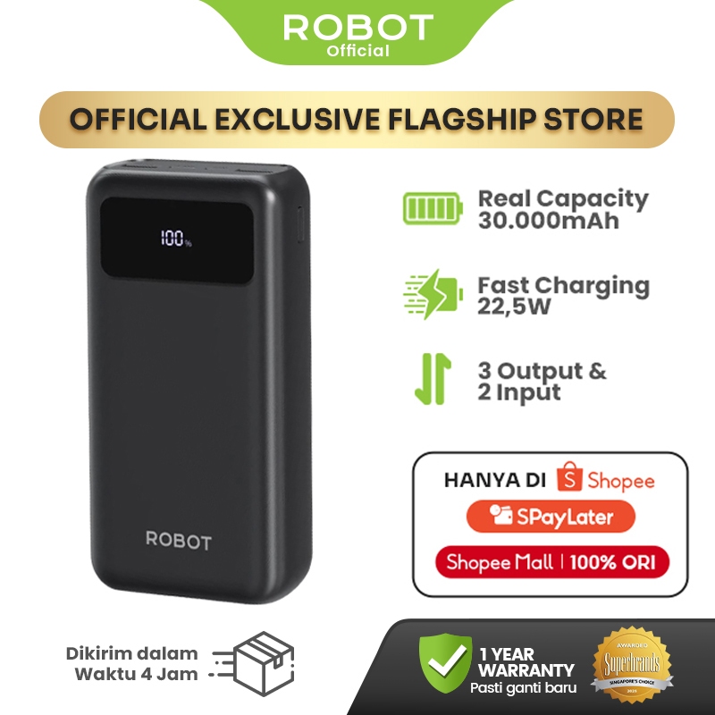 ROBOT Powerbank 30000 mAh Fast Charging 22.5W 3 Port USB Type C LED RT32 Original - Garansi Resmi 1 