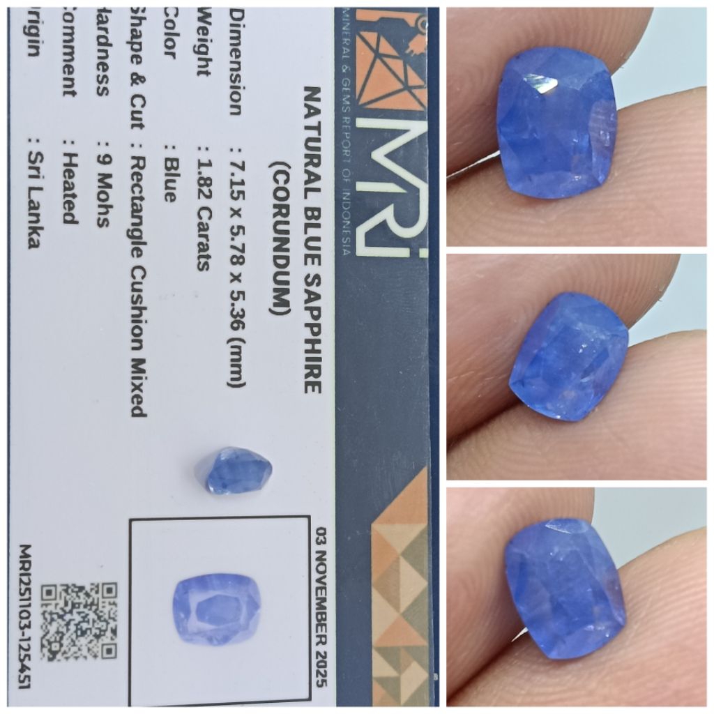 Natural Blue Safir Srilanka 1,8ct memo MRI Sapphire Ceylon Crystal