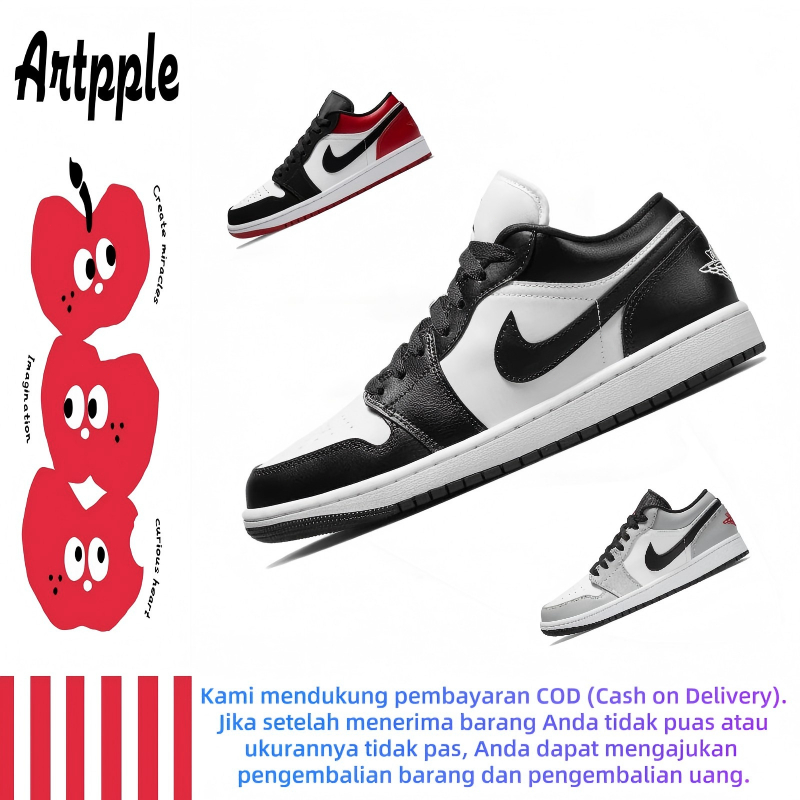 Sepatu Basket Air Jordan 1 Low-Top Retro, sepatu kets unisex, warna panda hitam dan putih.