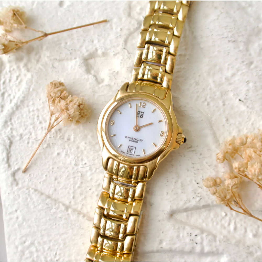 Jam Tangan Wanita Vintage Watch Givenchy White Dial Gold Chain Original Autentik Preloved Bekas