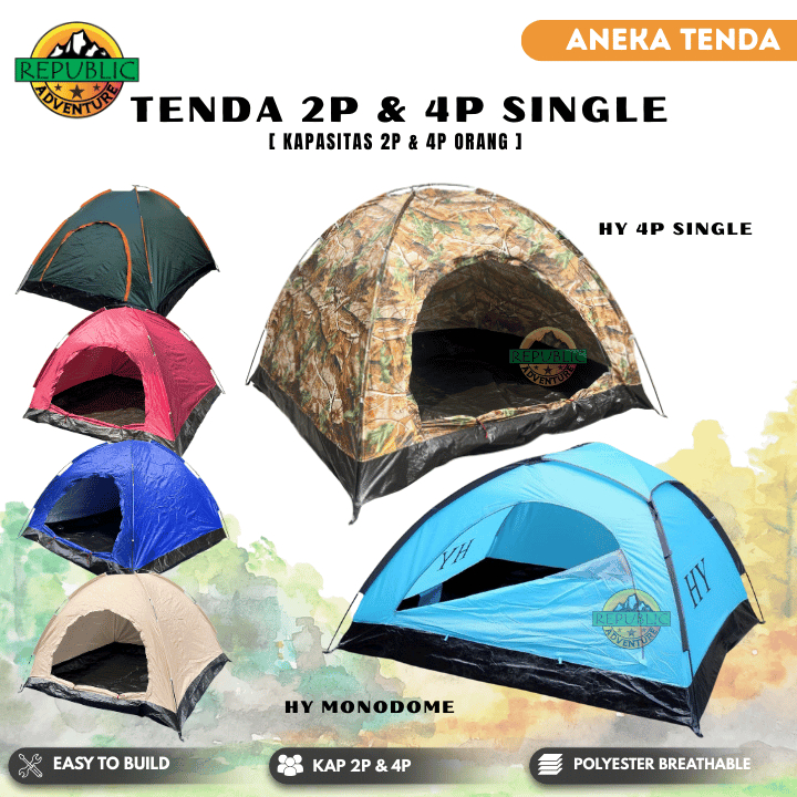 Tenda Camping Gunung HY Monodome Waterproof Single Layer 2-3P Dan 4P Tent Outdoor Frame Fiber