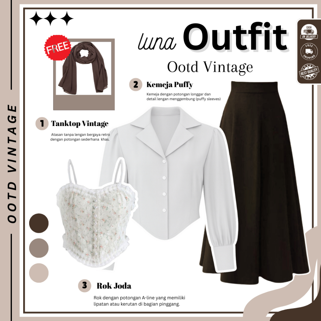 Luna Outfit Vintage  ( Hijab Bella Square + Tanktop Vintage + Kemeja + Rok )  Outfit Yearbook - N11