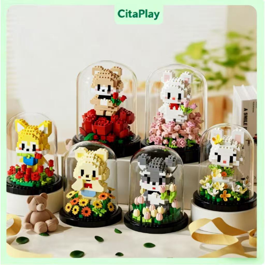CitaPlay Blok bangunan mainan edukatif bunga binatang, kaca, dekorasi desktop, hadiah ulang tahun an